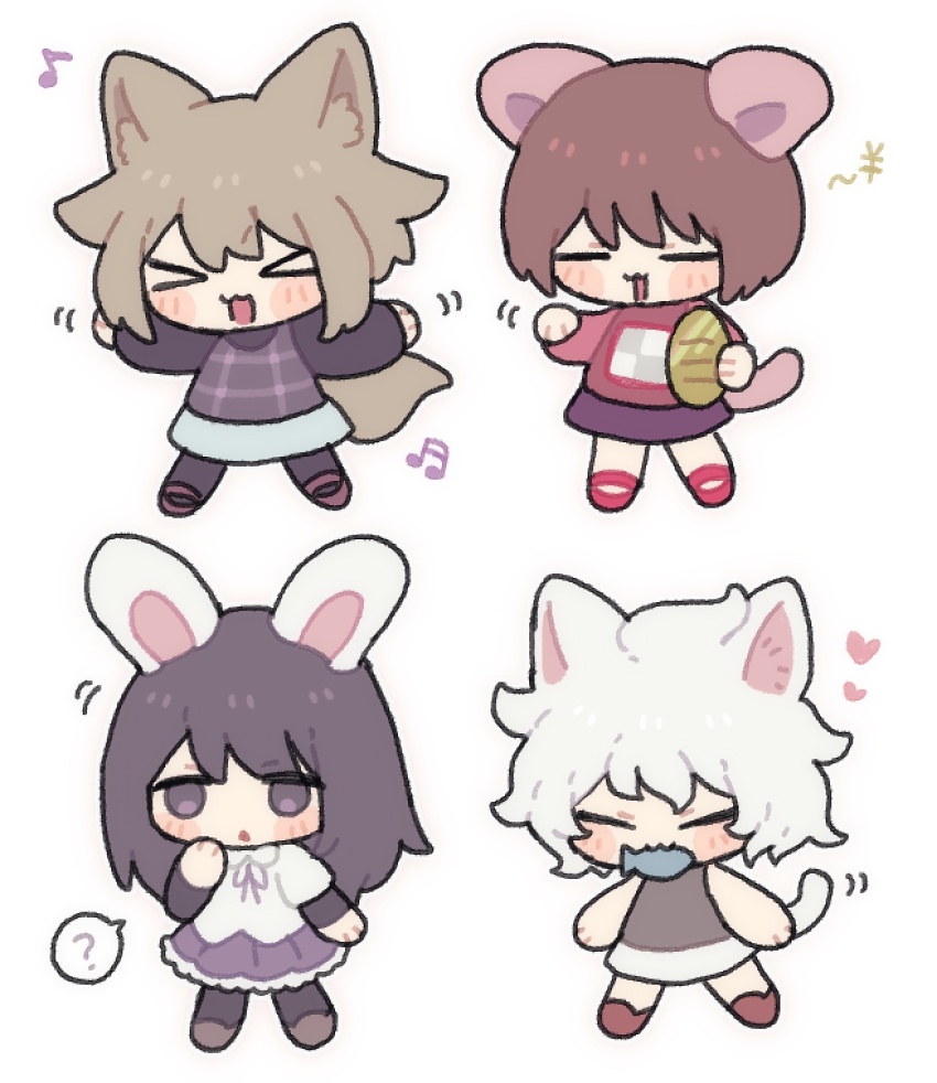 &gt;_&lt; .flow 4girls :3 ? alternate_hairstyle animal_ears black_pantyhose blonde_hair blush_stickers brown_footwear brown_hair cat_ears cat_tail chibi closed_eyes coin collared_shirt crossover frilled_skirt frills gold grey_shirt hand_up heart highres holding holding_coin jitome kemonomimi_mode koban_(gold) long_hair madotsuki multiple_girls musical_note open_mouth outstretched_arms pantyhose paw_pose pink_shoes pink_sweater piyosuke_(piyoneko_suke) plaid_clothes plaid_sweater print_sweater purple_eyes purple_footwear purple_hair purple_ribbon purple_skirt purple_sweater rabbit_ears red_footwear ribbon sabitsuki shirt shoes short_hair sidelocks skirt sleeveless sleeveless_shirt sometsuki speech_bubble spoken_question_mark spread_arms sweater tail triangle_mouth ultra_violet_(game) urotsuki white_hair white_shirt white_skirt wolf_ears wolf_tail yen_sign yume_2kki yume_nikki