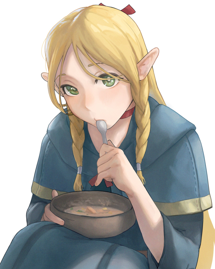 1girl blonde_hair blue_robe blush bowl braid dungeon_meshi eating elf food green_eyes highres looking_at_viewer marcille_donato mon_(icebuko) pointy_ears robe soup spoon twin_braids