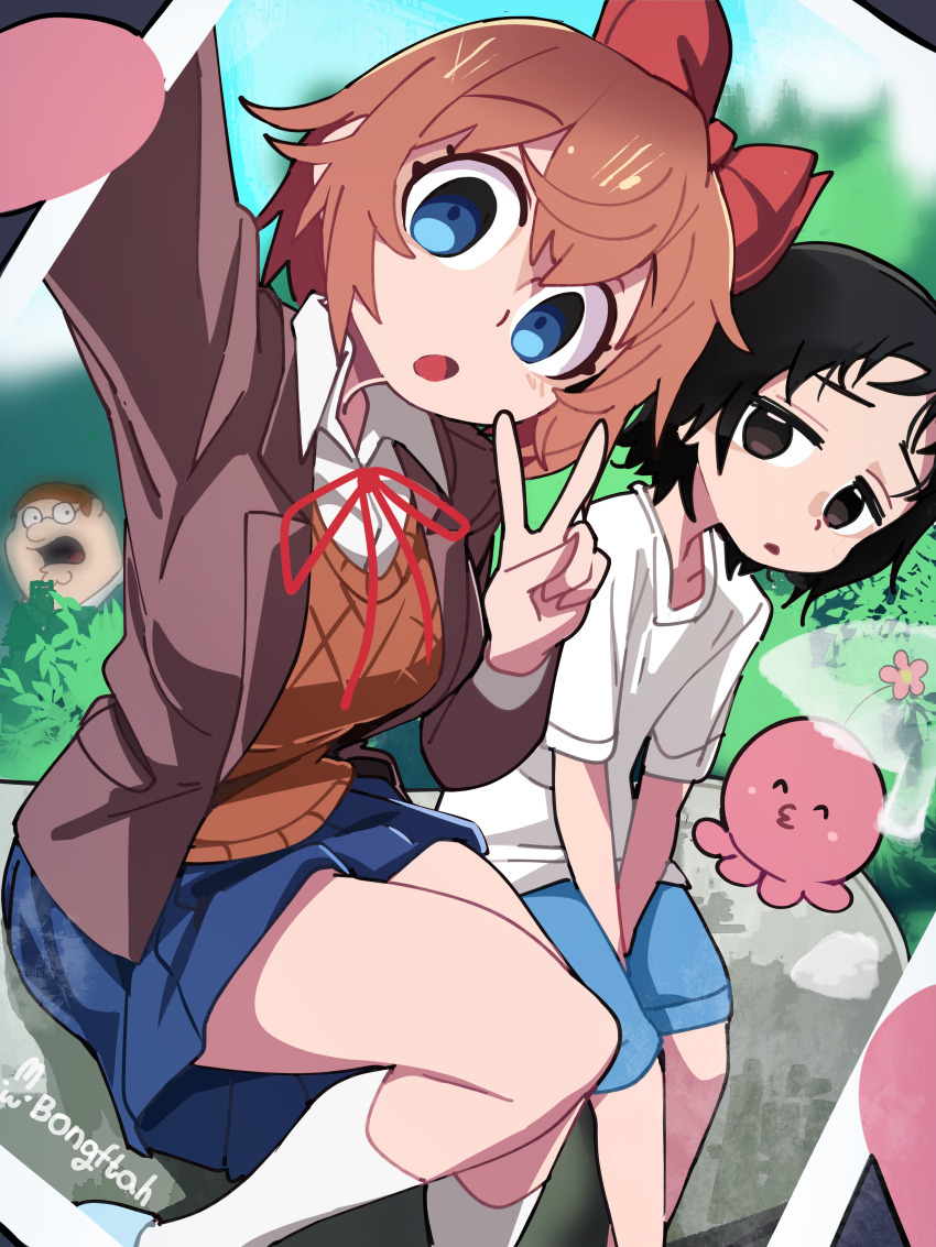 1boy 1other 2girls absurdres antennae between_legs black_hair blazer blue_eyes blue_shorts blue_skirt blue_sky bongftah brown_eyes brown_hair brown_jacket brown_sweater bush camera choppy_bangs commentary creature crossover day doki_doki_literature_club doki_doki_literature_club_school_uniform family_guy feet_out_of_frame from_above grass hair_between_eyes hand_between_legs highres holding holding_camera jacket kneehighs kuze_shizuka looking_at_viewer multiple_crossover multiple_girls on_rock open_clothes open_jacket open_mouth outdoors peter_griffin photo_(object) pleated_skirt red_ribbon ribbon sayori_(doki_doki_literature_club) school_uniform selfie shirt short_hair shorts signature sitting skirt sky socks sweater symbol-only_commentary takopii takopii_no_genzai thighs tree tsurime v white_shirt white_socks wide-eyed
