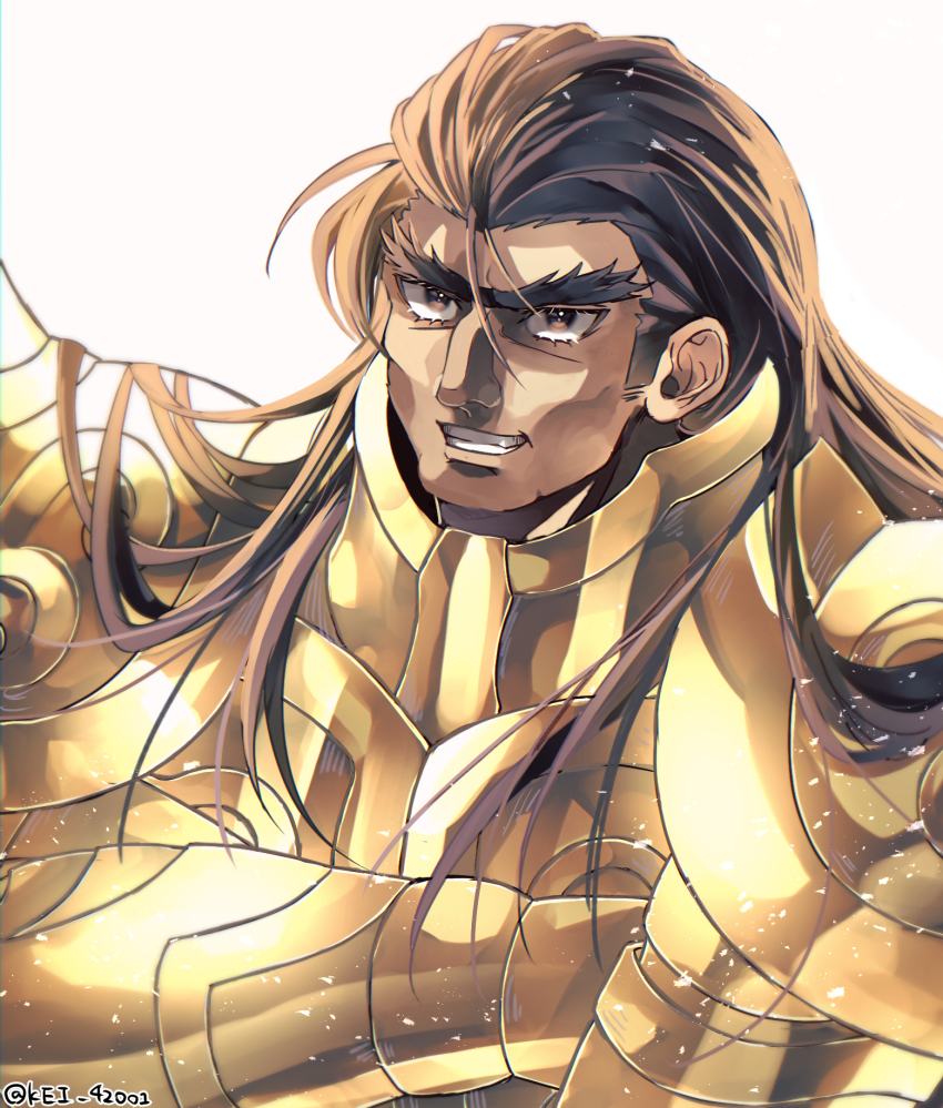 1boy armor brown_eyes brown_hair crossed_arms gold_armor gold_cloth gold_saint grin highres kei_(nvew8238) long_hair looking_at_viewer male_focus portrait saint_seiya simple_background smile taurus_aldebaran thick_eyebrows unibrow white_background
