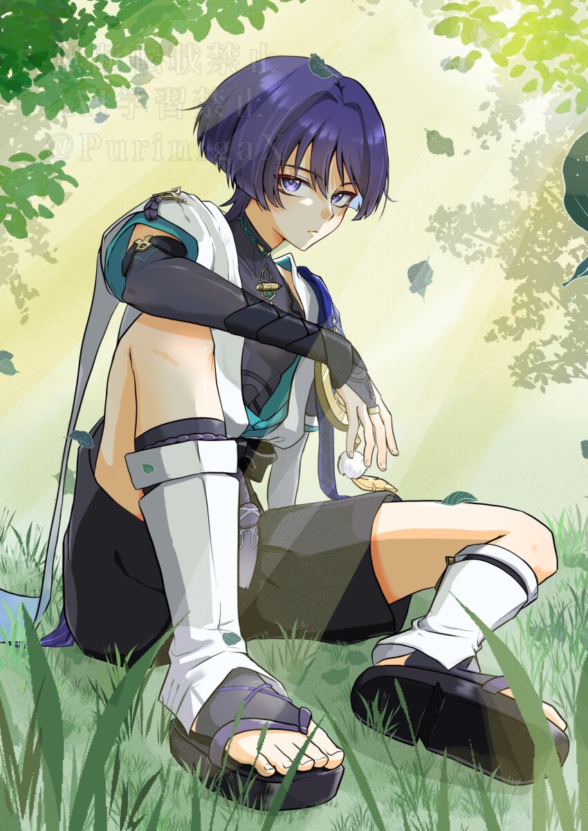 1boy arm_on_knee armor black_bodysuit black_bow black_bridal_gauntlets black_leggings black_sandals black_shorts blue_kimono blue_sleeves blunt_ends bodysuit bow bridal_gauntlets closed_mouth covered_collarbone expressionless eyeliner eyeshadow falling_leaves feathers full_body furisode genshin_impact gold gold_ring grass hair_intakes han&#039;eri highres japanese_armor japanese_clothes kimono knee_up kote kurokote layered_kimono layered_sleeves leaf leaf_on_head leg_warmers leggings looking_at_viewer makeup male_focus middle_ring on_grass open_clothes open_kimono outdoors pom_pom_(clothes) purinigax purple_eyes purple_hair purple_rope red_eyeliner red_eyeshadow rope sandals scaramouche_(genshin_impact) short_sleeves shorts shoulder_peek sitting solo stirrup_legwear sunlight three_quarter_view toeless_legwear toenails toes tsurime turtleneck turtleneck_bodysuit twitter_username vision_(genshin_impact) wanderer_(genshin_impact) watermark white_kimono white_leg_warmers white_sleeves yellow_feathers zouri