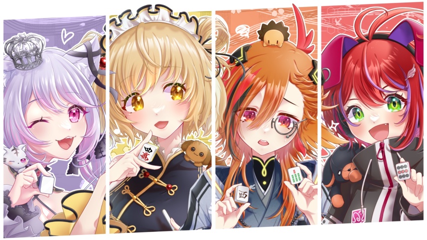 4girls :d akane_canna akane_canna_(2nd_costume) animal_ear_headphones animal_ears antenna_hair bead_necklace beads black_bow black_coat black_collar black_hair black_ribbon black_shirt blonde_hair blush bow breasts cat_ears china_dress chinese_clothes cleavage clothing_cutout coat collar column_lineup commentary_request criss-cross_halter crown detached_collar dog dress ear_ribbon fake_animal_ears fang flat_chest floppy_ears folded_hair frilled_shirt frills green_eyes grey-framed_eyewear grey_coat hair_between_eyes hair_bobbles hair_bow hair_ornament hair_ribbon halterneck headphones highres holding holding_mahjong_tile ina_uruu inaba_haneru_(animare) jewelry kazami_kuku letterboxed long_bangs long_hair long_sleeves looking_at_viewer looking_down looking_to_the_side low_twintails mahjong mahjong_tile maid_headdress mandarin_collar medium_breasts mini_crown monocle multicolored_coat multicolored_hair multiple_girls nanashi_inc. necklace one_eye_closed open_mouth orange_eyes orange_hair outline pink_eyes pink_hair purple_hair rabbit_ears rabbit_girl red_hair reona_kfc02 ribbon shirt short_hair shoulder_cutout smile streaked_hair tenbou twintails two-tone_coat two-tone_hair upper_body virtual_youtuber white_coat white_outline wiink wing_hair_ornament yellow_eyes zipper