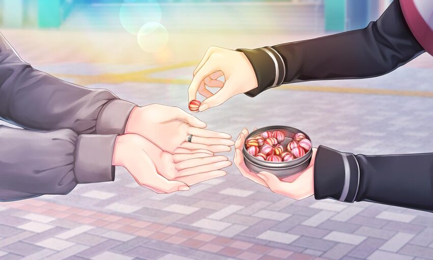 2girls black_sleeves blurry candy day depth_of_field food game_cg giving_food grey_sleeves hand_focus holding holding_candy holding_food jewelry kuroe_(madoka_magica) light_particles long_sleeves magia_record:_mahou_shoujo_madoka_magica_gaiden mahou_shoujo_madoka_magica multiple_girls official_art outdoors ring school school_uniform sleeves_past_wrists stairs tamaki_iroha tile_floor tiles translated tsuduki_neko