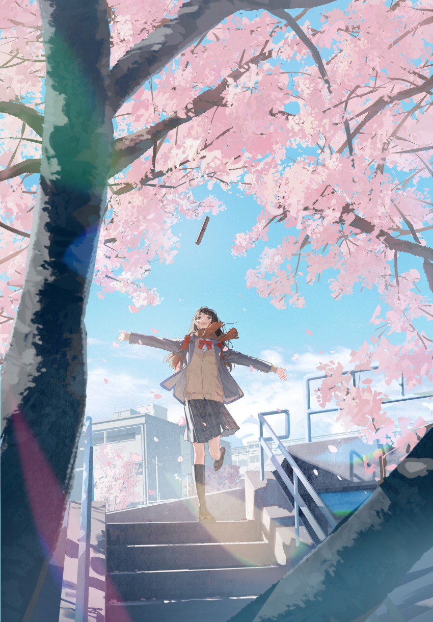 1girl absurdres backpack bag black_socks blue_jacket blue_sky bow bowtie brown_scarf building cherry_blossoms da_tengzi falling_petals graduation highres jacket lapels long_hair looking_up non-circular_lens_flare open_clothes open_jacket open_mouth original outdoors outstretched_arms petals power_lines red_bow red_bowtie scarf school_uniform skirt sky socks solo spread_arms stairs standing standing_on_one_leg tree