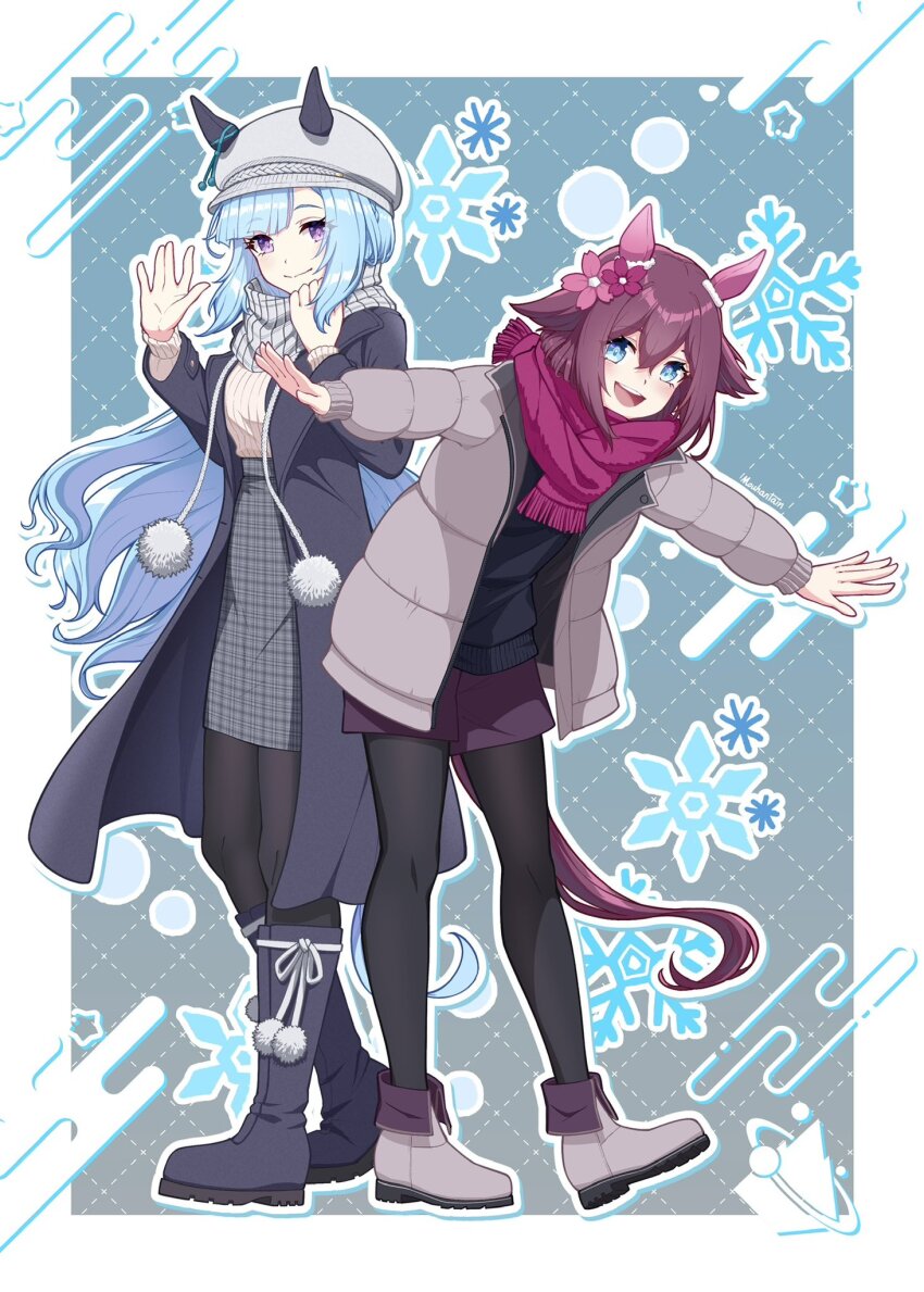2girls :d alternate_costume animal_ears black_coat black_pantyhose black_sweater blue_eyes blue_hair boots border cabbie_hat coat down_jacket ear_covers ears_through_headwear flower full_body grey_skirt hair_flaps hair_flower hair_ornament hat highres horse_ears horse_girl horse_tail jacket long_hair looking_at_viewer mejiro_ardan_(umamusume) mouhantain multiple_girls open_clothes open_coat open_jacket open_mouth outline pantyhose plaid_clothes plaid_scarf plaid_skirt purple_eyes purple_hair purple_scarf purple_shorts ribbed_sweater sakura_chiyono_o_(umamusume) scarf shorts skirt smile sweater tail umamusume white_border white_outline white_sweater