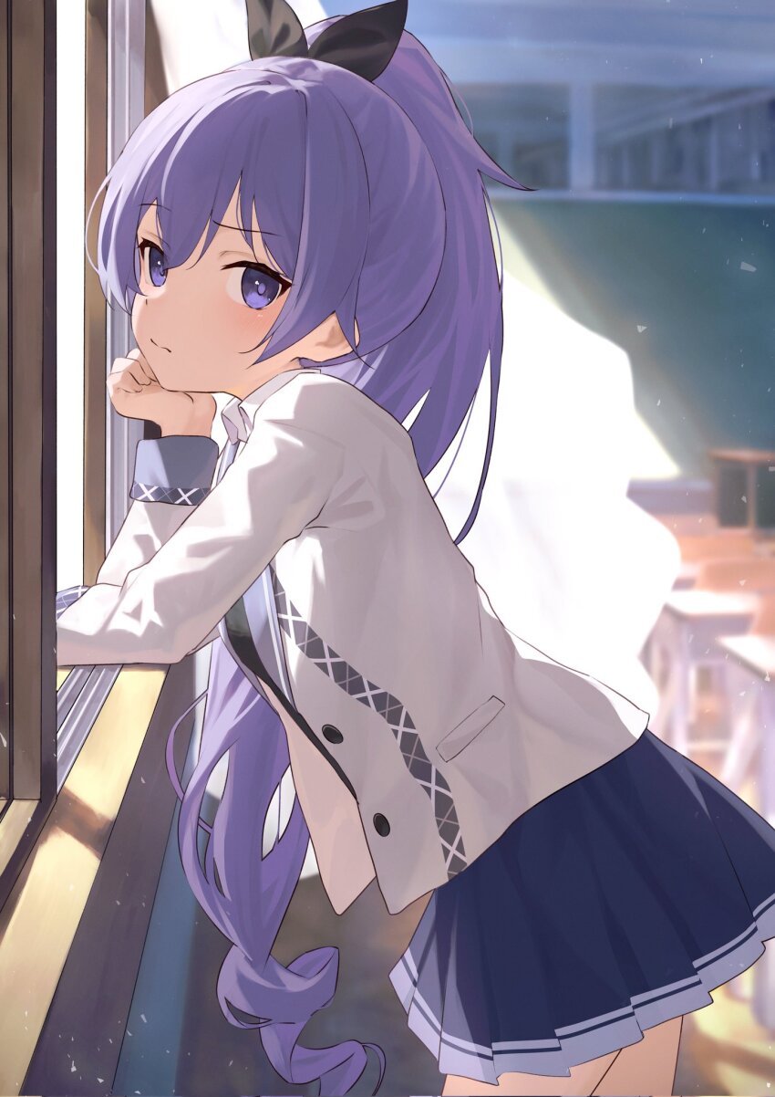 1girl against_windowsill arm_rest black_bow bloom blue_skirt blurry bow buttons cardigan classroom closed_mouth commission cowboy_shot curtains day depth_of_field double-parted_bangs elbow_rest from_side hair_bow hand_on_own_chin head_rest highres indoors kuchisode leaning_forward light_frown light_particles long_hair long_sleeves looking_at_viewer looking_to_the_side ongeki open_cardigan open_clothes open_window pleated_skirt pocket purple_eyes purple_hair raised_eyebrow school school_uniform second-party_source side_ponytail skirt solo sunlight takase_rio white_cardigan wind window