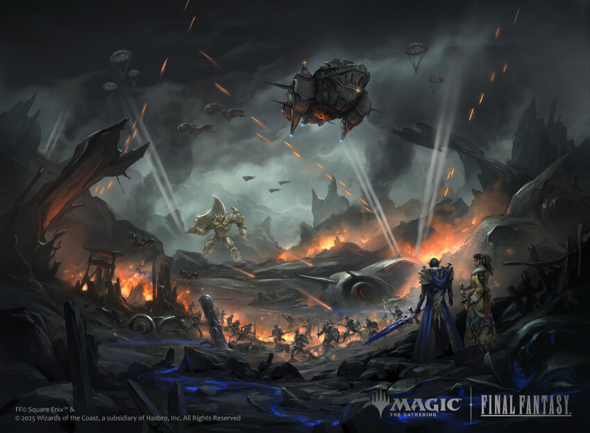 absurdres aircraft airship armor aymeric_de_borel battlefield black_hair cloud cloudy_sky copyright_name copyright_notice dark_clouds davidfrasheski destruction final_fantasy final_fantasy_xiv fire hien_rijin highres magic:_the_gathering mecha official_art robot scenery sky smoke standing sword war weapon
