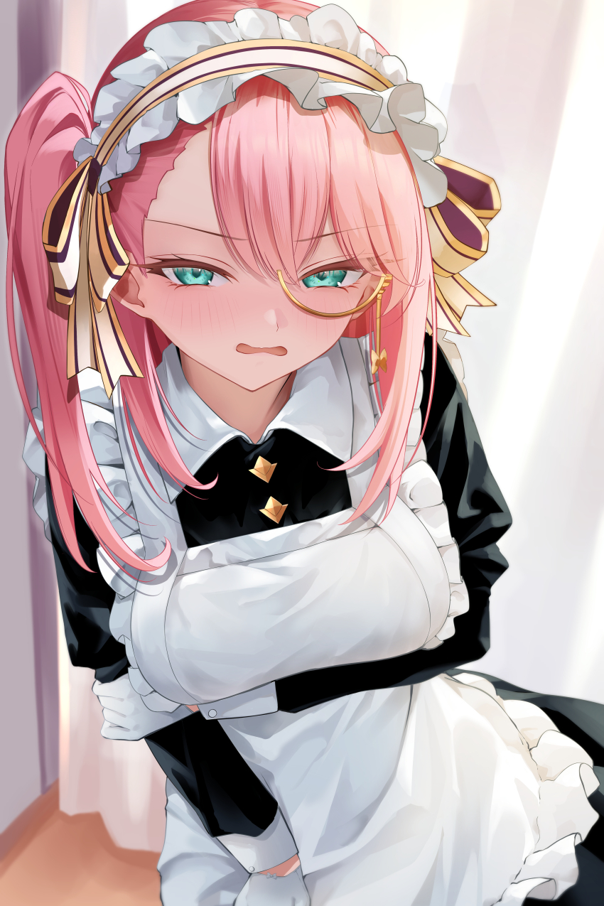 1girl absurdres apron arm_under_breasts black_dress blush bow breasts buttons charlotte_(genshin_impact) dress genshin_impact gloves gold_ribbon green_eyes hair_ribbon highres indoors large_breasts looking_at_viewer maid maid_apron maid_headdress medium_hair monocle open_mouth pink_hair ribbon side_ponytail solo stellar_(str4tostell4r) wavy_mouth white_apron white_gloves