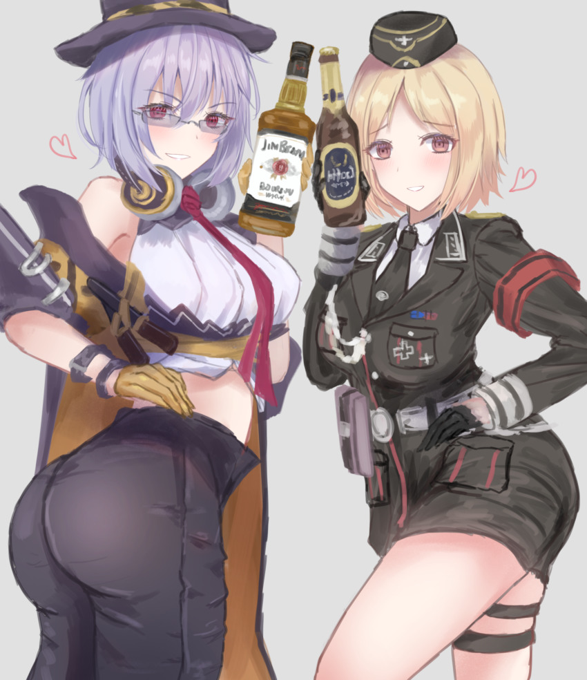 2girls absurdres alcohol ass blonde_hair breasts commission girls&#039;_frontline hat highres large_breasts looking_at_viewer martinreaction military military_hat military_uniform mp40_(girls&#039;_frontline) multiple_girls purple_hair simple_background thompson_(girls&#039;_frontline)