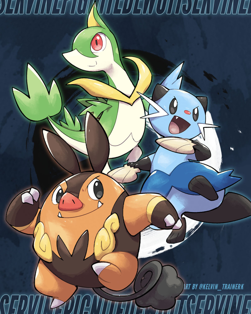 :d claws closed_mouth commentary creatures_(company) dewott fang fangs fangs_out game_freak gen_5_pokemon happy highres kelvin-trainerk nintendo no_humans open_mouth pignite pokemon pokemon_(creature) pokemon_focus red_eyes servine sideways_glance smile tongue twitter_username