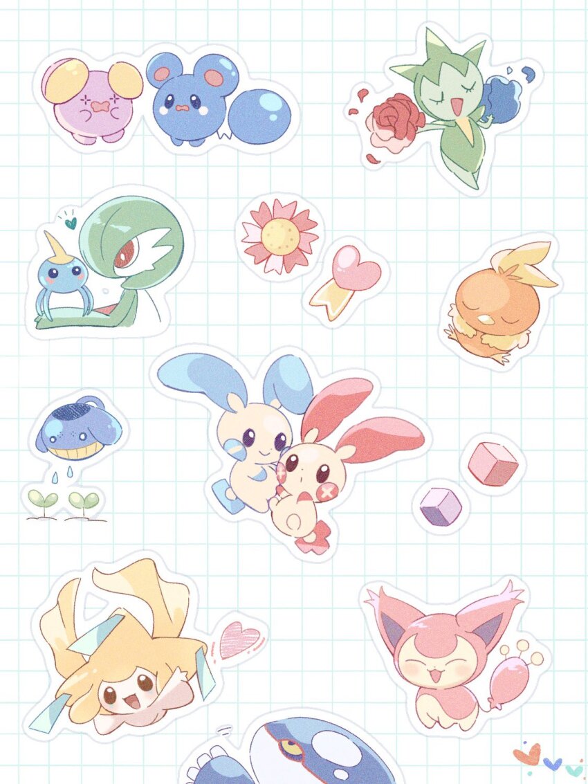 appyon_(archangel_ayp) azurill blush bright_pupils closed_eyes colored_sclera game_freak gardevoir gen_3_pokemon grid_background heart highres holding holding_pokemon jirachi kyogre legendary_pokemon minun mythical_pokemon nintendo no_feet no_humans notice_lines plusle pokeblock pokemon pokemon_(creature) red_eyes ribbon roselia_(pokemon) skitty solid_oval_eyes surskit torchic wailmer wailmer_pail whismur yellow_sclera