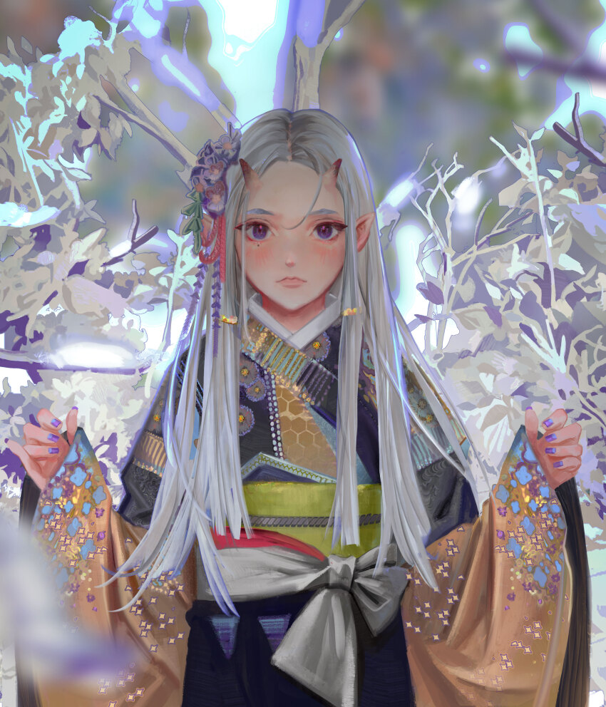 1girl absurdres black_kimono blush branch brown_kimono closed_mouth commentary cowboy_shot dated_commentary english_commentary fingernails flower grey_hair hair_flower hair_ornament hands_up highres horns japanese_clothes kimono lips long_hair long_sleeves mole mole_under_eye multicolored_kimono nail_polish obi obijime oni original pointy_ears purple_eyes purple_flower purple_kimono purple_nails sash skin-covered_horns sleeves_past_wrists solo wide_sleeves wowmoto2