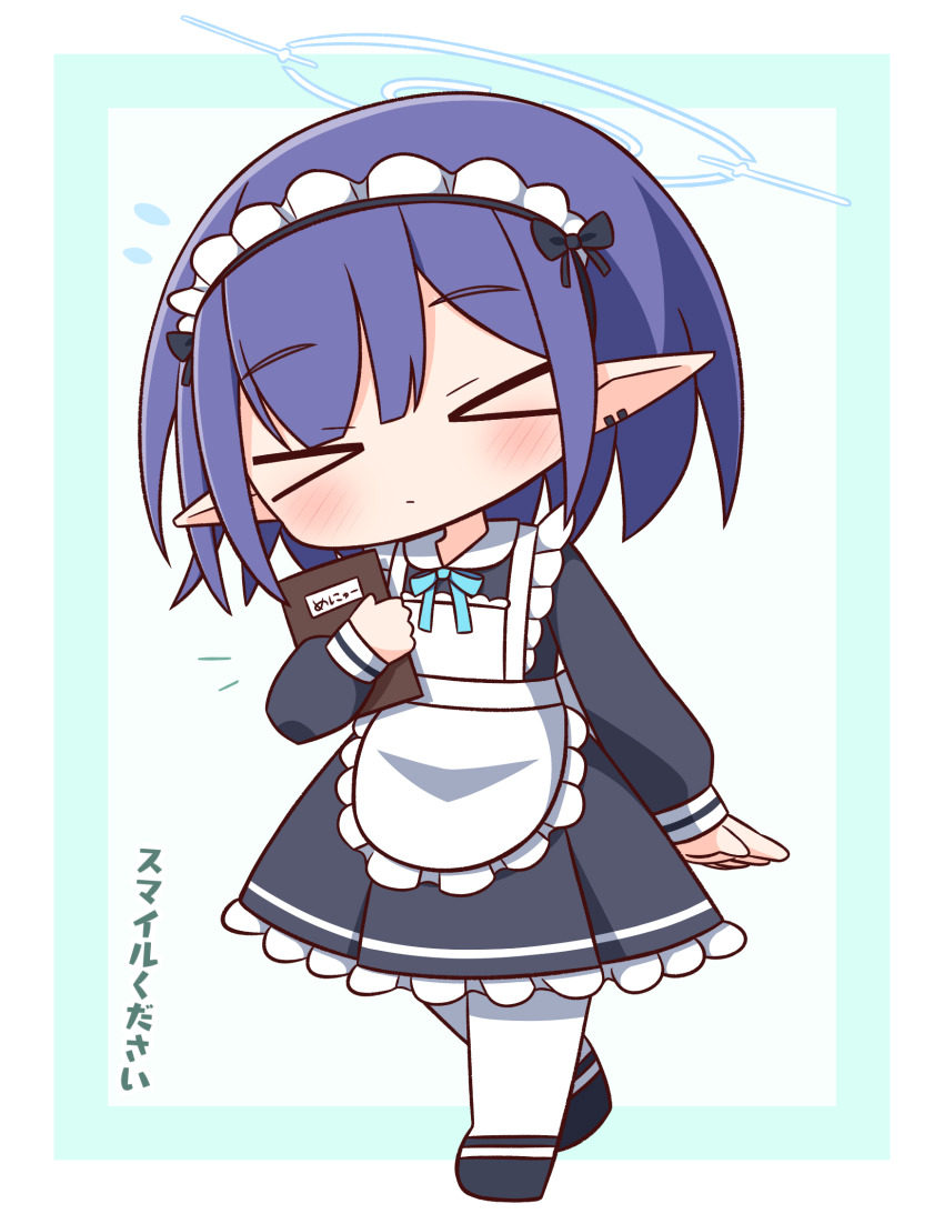 &gt;_&lt; 1girl alternate_costume aoi_(blue_archive) apron black_dress black_shoes blue_archive blue_background blue_bow blue_hair blush border bow chibi closed_mouth collared_dress dress ear_piercing enmaided facing_viewer flying_sweatdrops frilled_apron frilled_dress frills full_body halo hana_kazari head_tilt highres holding long_sleeves maid maid_apron maid_headdress menu pantyhose piercing pleated_dress pointy_ears puffy_long_sleeves puffy_sleeves shoes sleeves_past_wrists solo translation_request walking white_apron white_border white_pantyhose