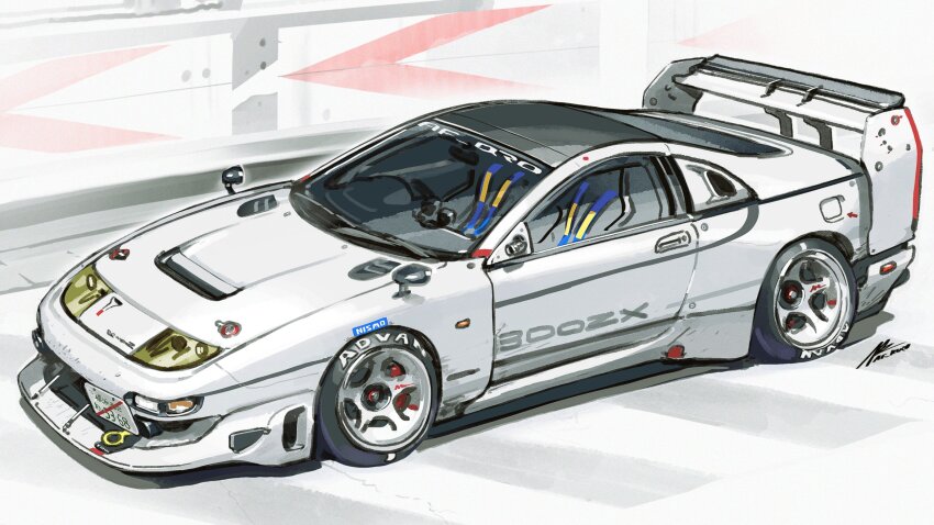 afukuro car highres license_plate motor_vehicle nissan nissan_300zx nissan_300zx_(z32) nissan_fairlady_z no_humans original redesign shadow shutokou_battle signature spoiler_(automobile) sports_car vehicle_focus white_car