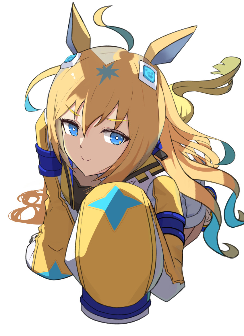 1girl absurdres ahoge animal_ears blonde_hair blue_eyes blue_hair colored_inner_hair hair_between_eyes highres horse_ears horse_girl long_hair looking_at_viewer madori_(madori151) multicolored_hair neo_universe_(umamusume) simple_background sleeves_past_fingers sleeves_past_wrists smile solo two-tone_hair umamusume white_background