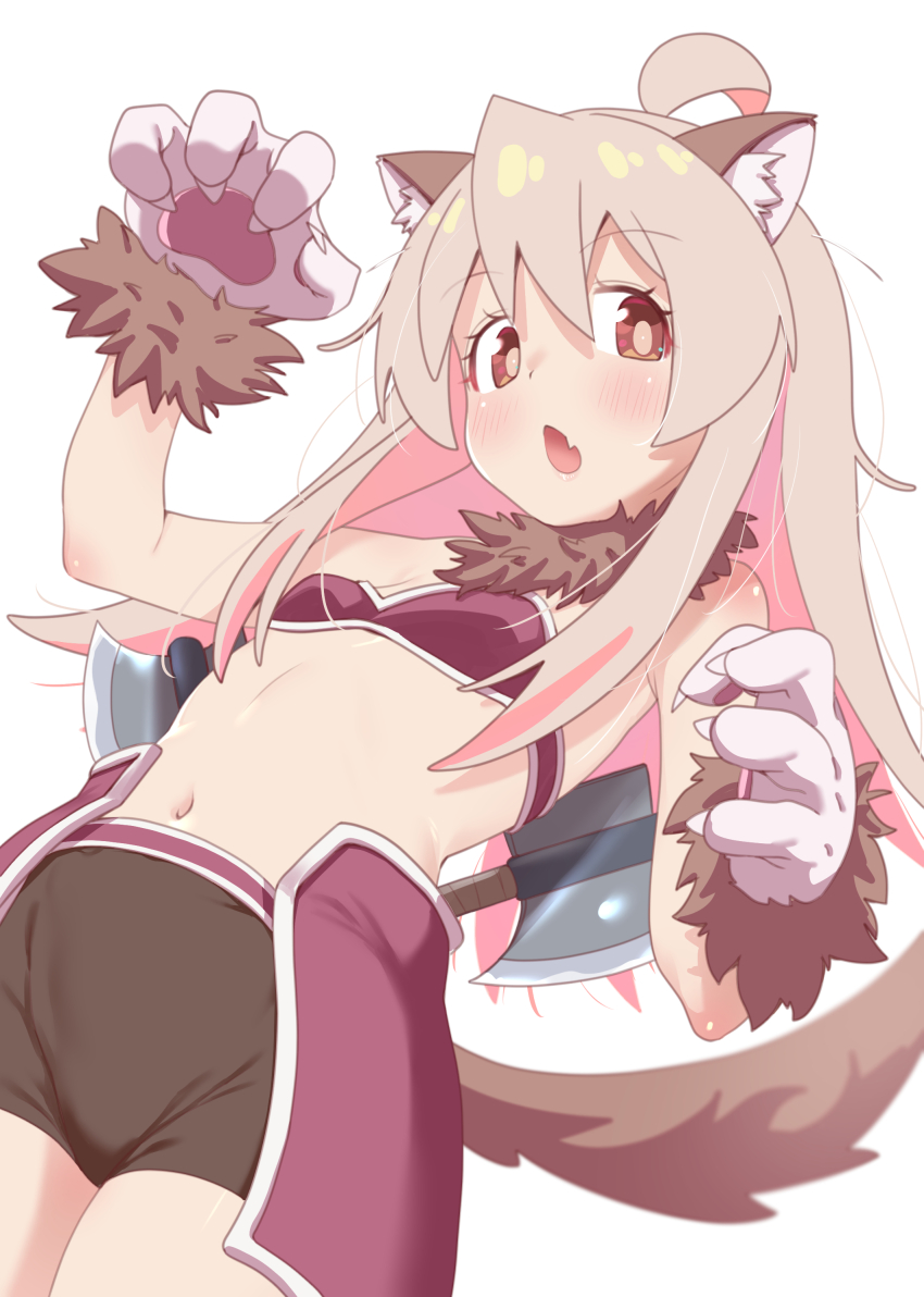 1girl absurdres ahoge animal_ear_fluff animal_ears animal_hands axe bare_arms bare_shoulders black_shorts blush breasts brown_eyes chestnut_mouth colored_inner_hair commentary cowboy_shot dog_ears dog_girl dog_tail fang fur-trimmed_gloves fur_collar fur_trim gloves grey_hair hair_between_eyes hand_up highres multicolored_hair navel onii-chan_wa_oshimai! oyama_mahiro paw_gloves paw_pose pink_hair shiina_excel short_shorts shorts simple_background skin_fang small_breasts solo stomach tail two-tone_hair weapon weapon_on_back white_background