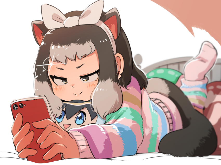 1girl alpine_marmot_(kemono_friends) animal_ears blue_eyes cellphone common_dolphin_(kemono_friends) extra_ears grey_eyes grey_hair highres kemono_friends kemono_friends_3 long_hair marmot_ears marmot_girl marmot_tail mcgunngu on_bed pajamas phone ribbon simple_background smartphone socks stuffed_toy tail