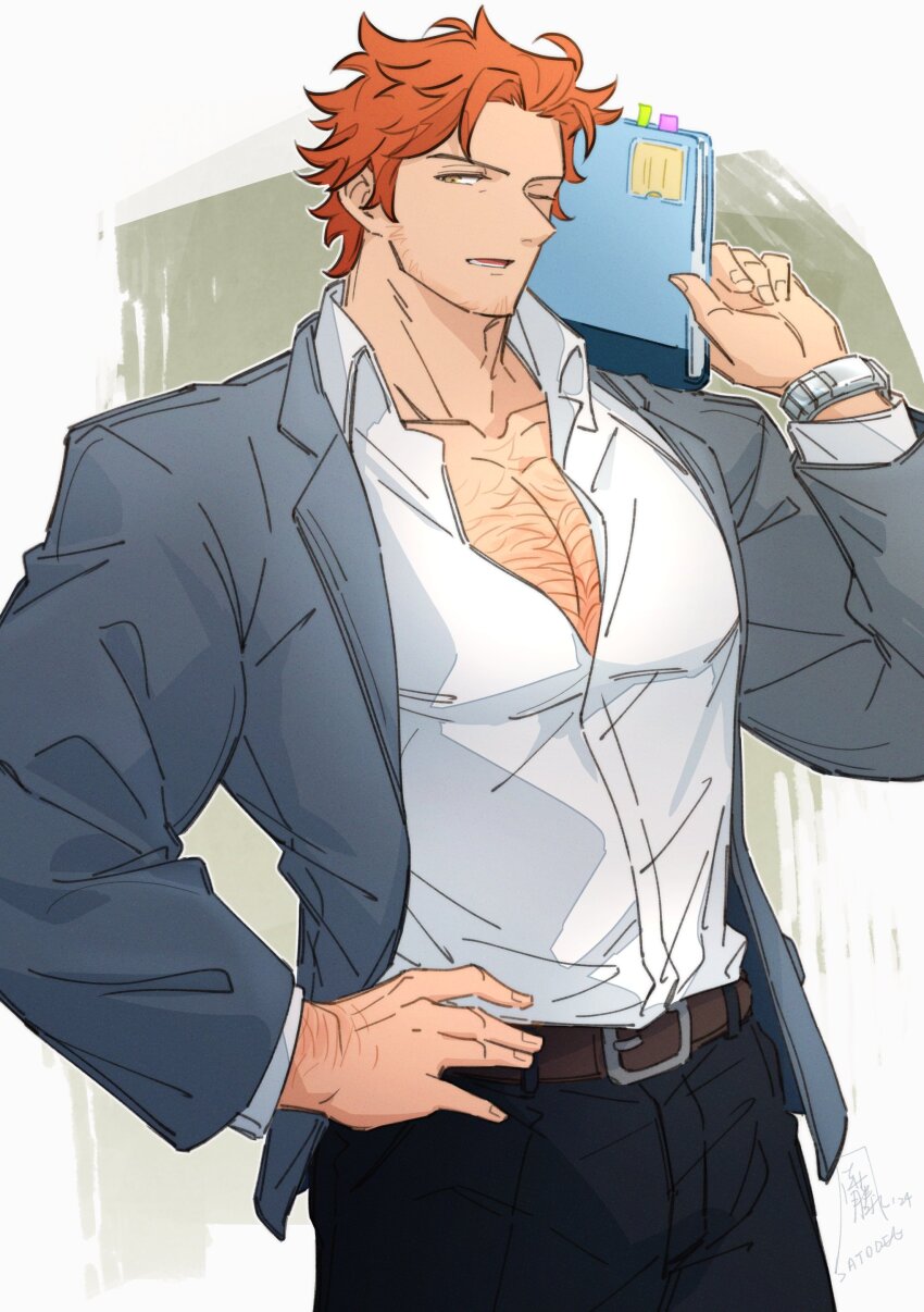 1boy absurdres alternate_body_hair alternate_body_size arm_hair belt black_pants chest_hair contemporary cowboy_shot facial_hair fire_emblem folder formal_clothes grey_vest hand_on_own_hip highres holding holding_folder male_focus muscular muscular_male nintendo one_eye_closed pants partially_unbuttoned pectoral_cleavage pectorals red_hair satodee shirt simple_background solo stubble suit sylvain_jose_gautier talking vest watch white_shirt wristwatch