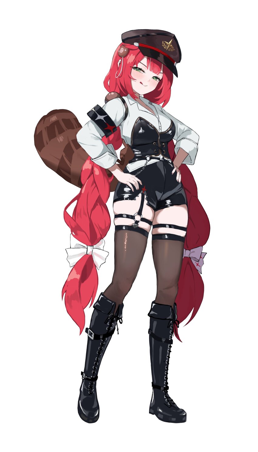 1girl absurdres alternate_costume black_boots black_hat black_thighhighs boots bow closed_mouth collared_shirt full_body hair_bow hand_on_own_hip hashtag-only_commentary hat highres knee_boots long_hair long_sleeves looking_at_viewer low_twintails military_hat o-ring o-ring_thigh_strap pongdo red_hair shirt simple_background smile solo standing thigh_strap thighhighs tongue tongue_out twintails ukinami_yuzuha very_long_hair white_background white_bow white_shirt zenless_zone_zero