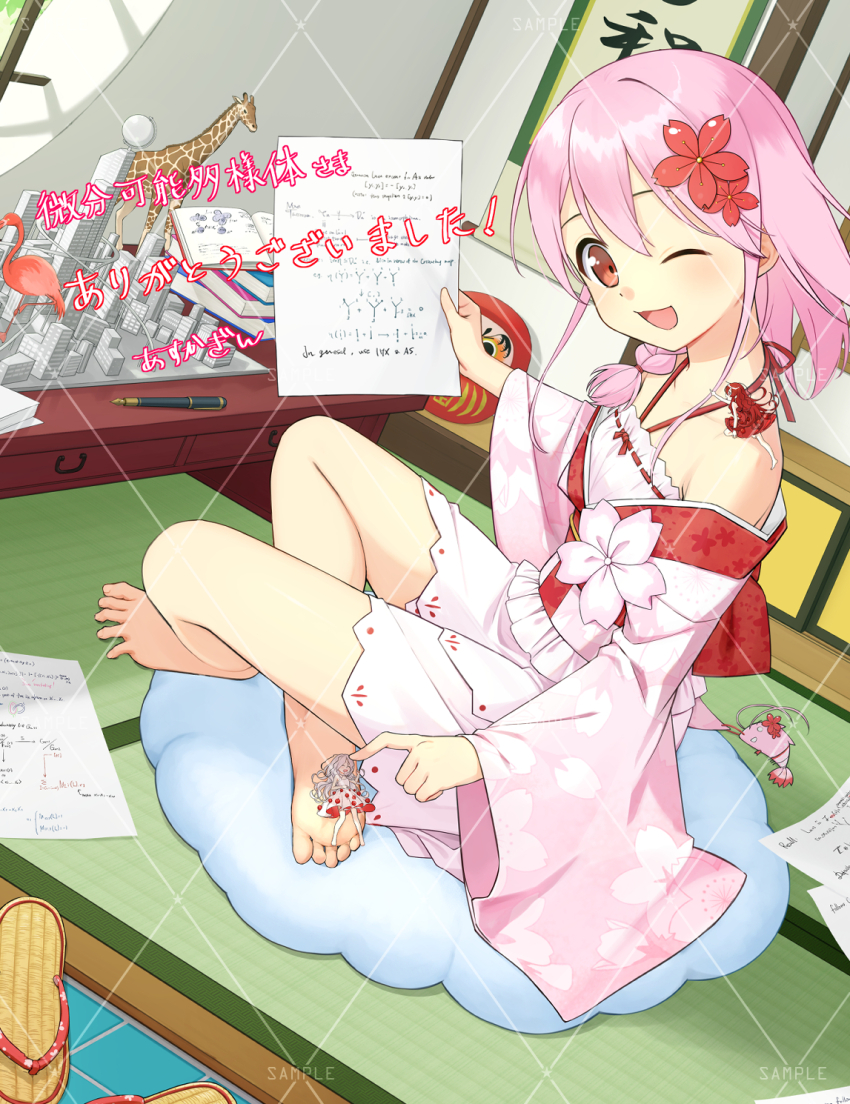 2girls asuka_gin barbatos_(fate) bare_legs bare_shoulders barefoot blush book breasts character_request commission demon_pillar_(fate) dress dutch_angle feet flipped_hair floral_print flower grey_hair hair_flower hair_ornament hand_up highres holding indian_style indoors japanese_clothes kimono legs mini_person minigirl multiple_girls obi one_eye_closed open_mouth pink_hair pink_kimono print_kimono red_eyes red_flower red_hair sample_watermark sandals sash sergestid_shrimp_in_tungkang shoes sitting skeb_commission small_breasts smile soles spread_toes tatami thighs toenails toes unworn_shoes watermark wide_sleeves window xuan_ying yukata
