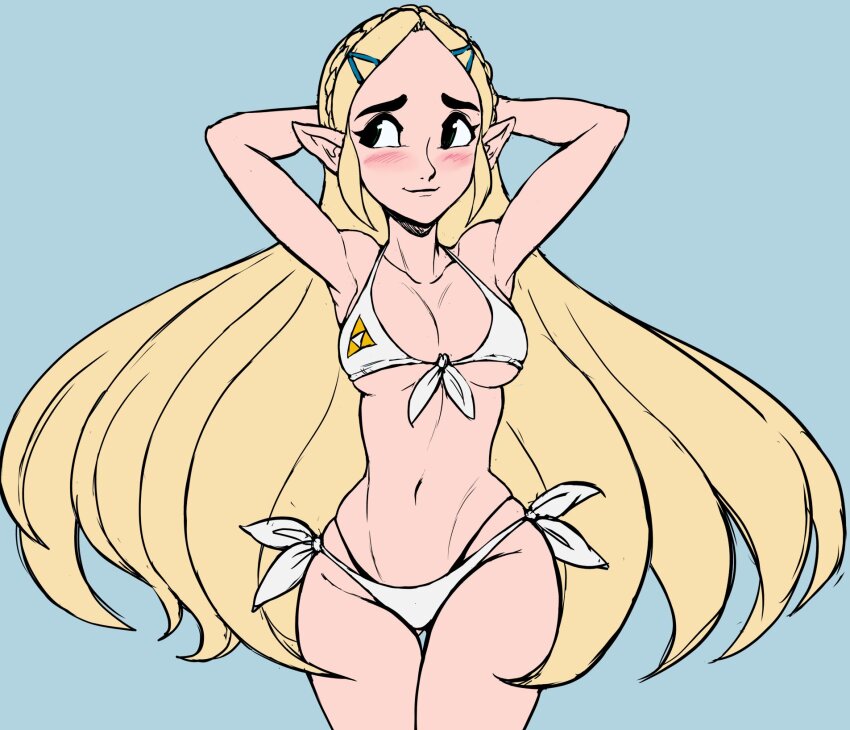 arms_behind_head bare_shoulders bikini blonde_hair blush braid breasts cleavage cleft_of_venus front-tie_bikini_top front-tie_top hair_ornament hairclip highres long_hair midriff navel nintendo pointy_ears princess_zelda side-tie_bikini_bottom swimsuit teevo the_legend_of_zelda the_legend_of_zelda:_breath_of_the_wild triforce underboob