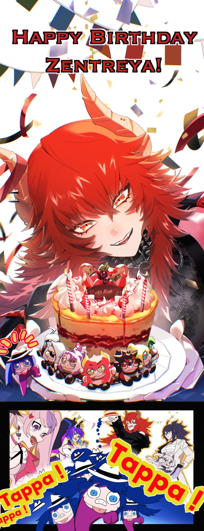 5girls absurdres birthday_cake black_collar black_gloves black_jacket black_nails black_shirt blue_hair cake character_name chest_sarashi collar demon_girl dragon_girl dragon_horns fang fingerless_gloves food gecko_zen general_geega gloves happy_birthday haruka_karibu henya_the_genius henya_the_genius_(1st_costume) heterochromia highres hime_hajime holding holding_plate horns ironmouse ironmouse_(demon_form) jacket kson kuro_kurenai long_hair melody_(projektmelody) monarch_(amalee) multicolored_hair multicolored_jacket multiple_girls nail_polish open_mouth pink_hair plate pointy_ears purple_eyes purple_hair red_eyes red_hair sarashi seafood_tarako shirt skin_fang smile souchou spiked_collar spikes streaked_hair two-tone_jacket virtual_youtuber vshojo white_jacket yellow_eyes zentreya zentreya_(dragon) zentreya_(dragon)_(metalheads)