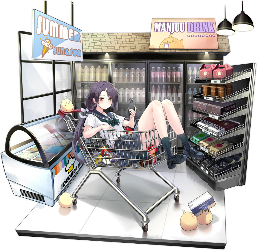 1girl asymmetrical_hair azur_lane bare_legs bike_shorts black_hair black_shoes black_socks blue_sailor_collar blush bow bowtie cassin_(azur_lane) cassin_(shopping_carte_blanche)_(azur_lane) cellphone closed_mouth cross cross_earrings earrings freezer green_bow green_bowtie hair_ornament hairpin heterochromia highres holding holding_phone in_shopping_cart jewelry loafers long_hair looking_at_phone low_ponytail manjuu_(azur_lane) miniskirt mole mole_under_eye nose_blush official_alternate_costume official_art ootsuki_momiji phone plaid_clothes plaid_skirt pleated_skirt ponytail red_eyes refrigerator sailor_collar school_uniform serafuku shirt shoes shopping_cart short_sleeves shorts shorts_under_skirt skirt smartphone smile socks solo sweatdrop tile_floor tiles transparent_background white_shirt yellow_eyes