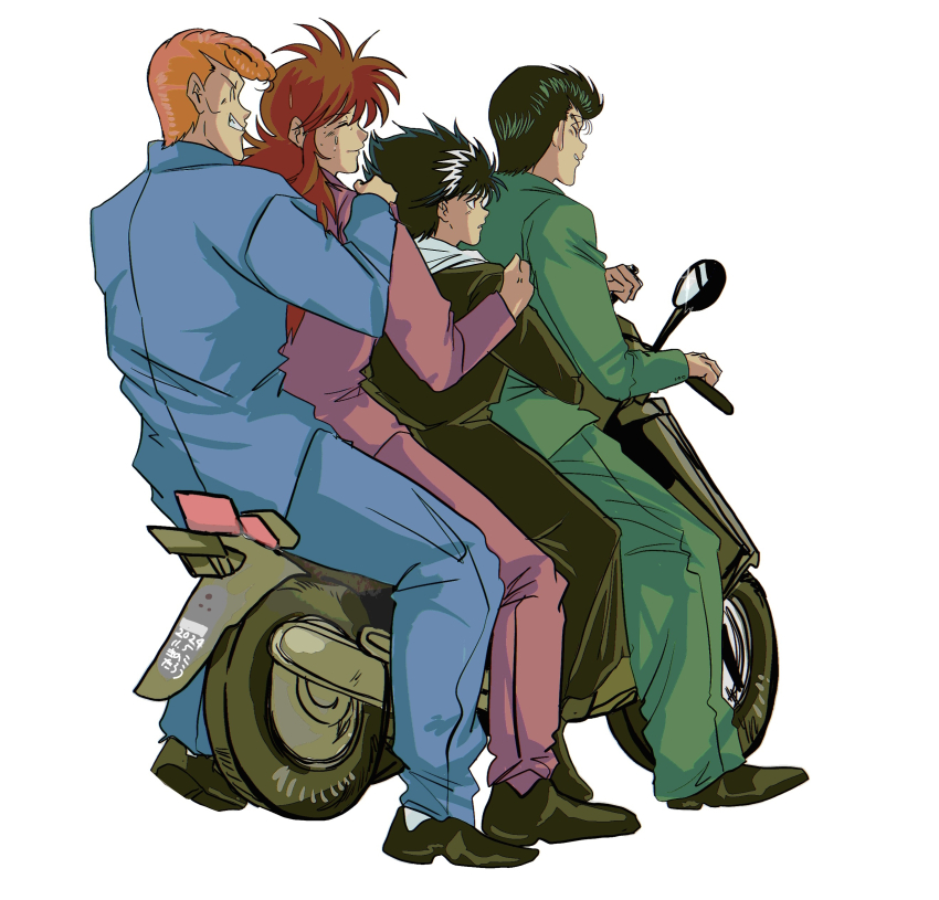 2024 4boys absurdres black_footwear black_hair closed_eyes commentary_request hiei4455 hiei_(yu_yu_hakusho) highres jacket kurama_(yu_yu_hakusho) kuwabara_kazuma loafers long_hair long_sleeves male_focus motor_vehicle multiple_boys on_scooter pants profile red_hair school_uniform scooter shoes short_hair simple_background smile spiked_hair urameshi_yusuke white_background yuu_yuu_hakusho