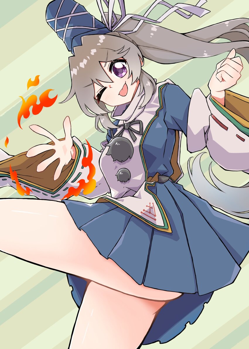 1girl absurdres alternate_eye_color black_ribbon blue_dress blue_hat breasts closed_mouth commentary_request cowboy_shot curled_fingers detached_sleeves dress fire green_background grey_hair gurajio hair_between_eyes hat highres japanese_clothes kariginu long_hair long_sleeves looking_at_viewer medium_breasts mononobe_no_futo neck_ribbon one_eye_closed pleated_dress pom_pom_(clothes) ponytail purple_eyes ribbon ribbon-trimmed_sleeves ribbon_trim smile solo tate_eboshi thighs tongue tongue_out touhou white_sleeves