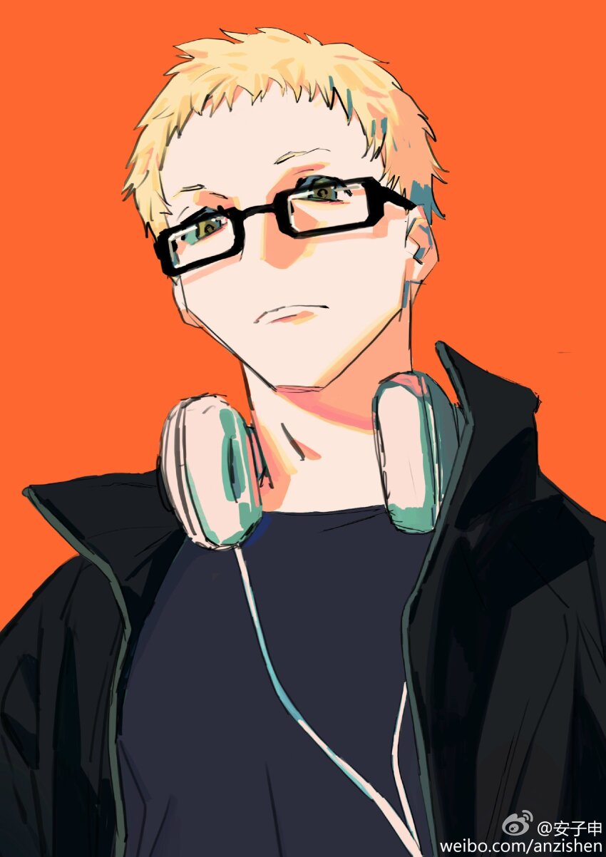 1boy absurdres anzishen ball black_shirt blonde_hair earphones glasses haikyuu!! highres open_mouth shirt short_hair solo tsukishima_kei yellow_eyes