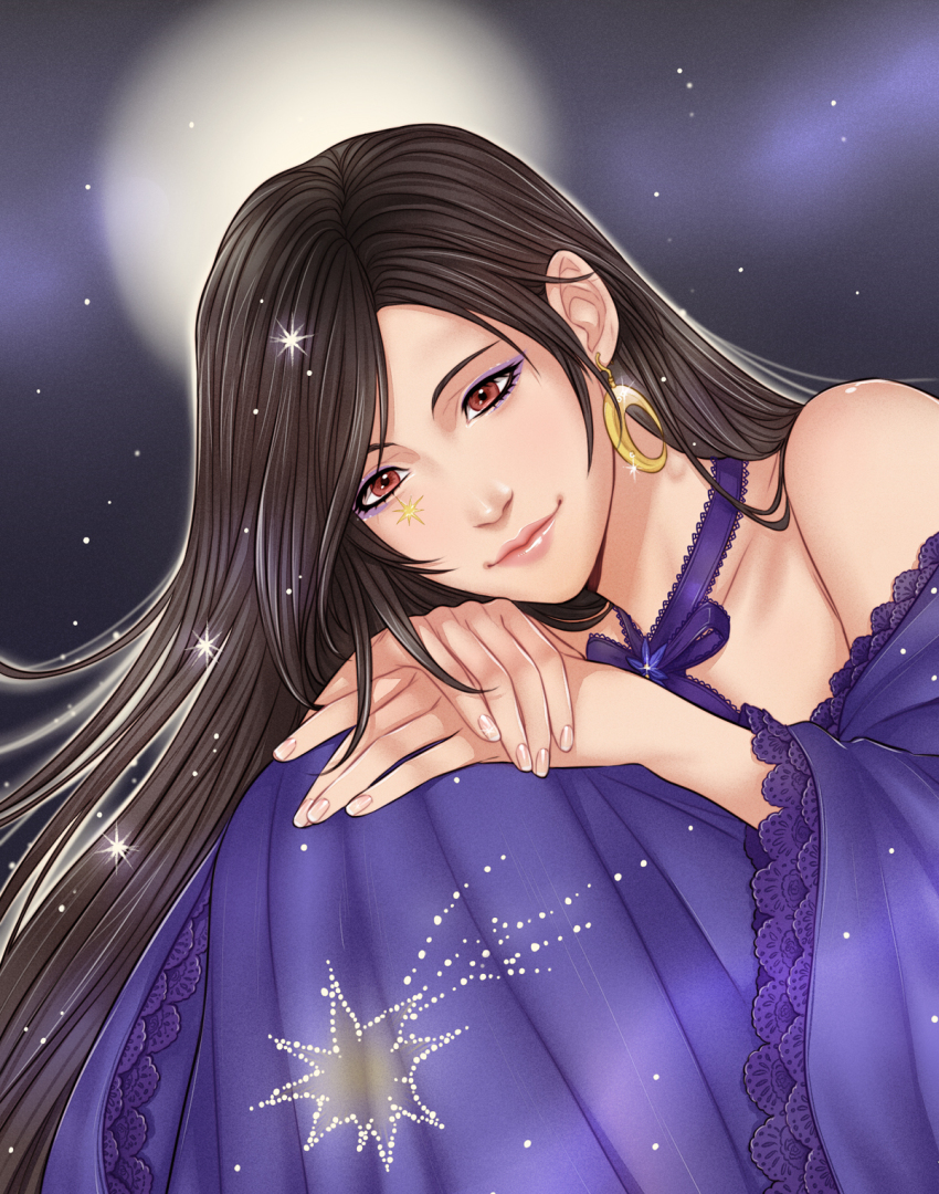 1girl alternate_costume bare_shoulders black_hair black_sky closed_mouth collarbone crescent crescent_earrings crescent_moon crylin6 dress earrings eyeliner facial_mark final_fantasy final_fantasy_vii final_fantasy_vii_remake full_moon glint gold_earrings hair_behind_ear hands_on_own_knee highres jewelry knees_up leaning_forward lips long_hair long_sleeves looking_down makeup moon nail_polish neck_ribbon off-shoulder_dress off_shoulder own_hands_together pink_lips pink_nails purple_dress purple_eyeliner purple_ribbon red_eyes ribbon single_earring sky smile solo sparkle star_(sky) starry_sky swept_bangs tifa_lockhart upper_body wide_sleeves