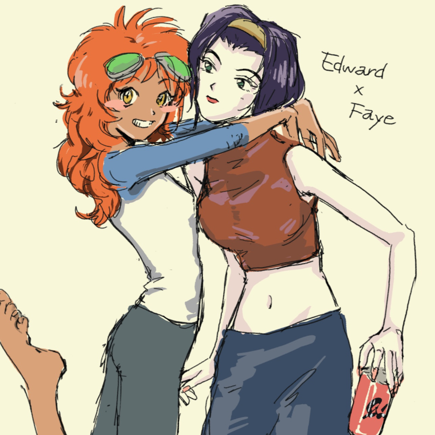 aged_up arms_around_neck barefoot cowboy_bebop dark-skinned_female dark_skin edward_wong_hau_pepelu_tivrusky_iv faye_valentine goggles goggles_on_head green_eyes highres hug midriff ngt orange_hair purple_hair yellow_eyes yuri