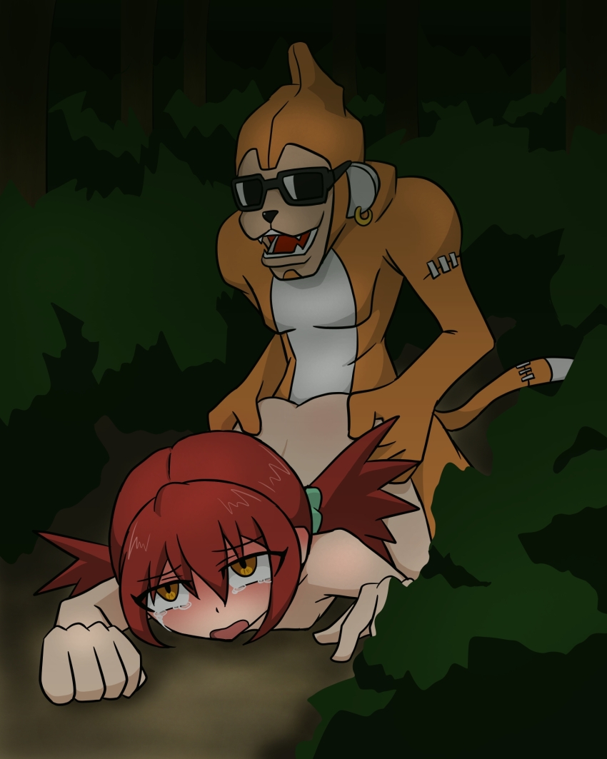 digimon digimon_xros_wars etemon hair_ornament hairclip highres hinomoto_akari long_hair orange_eyes red_hair sex twintails