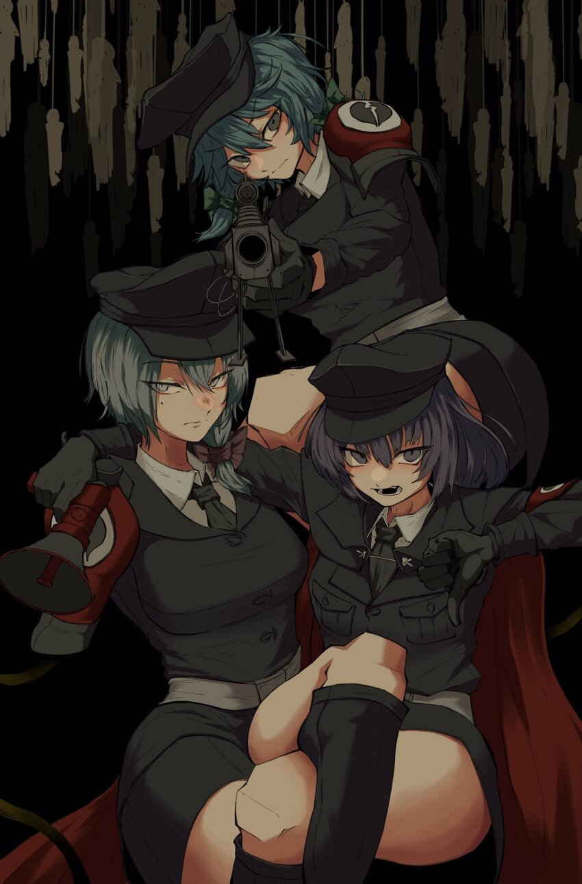 3girls aiming aiming_at_viewer ascot belt black_ascot black_bow black_footwear black_gloves black_hat black_jacket black_skirt blue_hair boots bow breasts broken_heart_print cape closed_mouth collared_shirt commentary_request cookie_(touhou) crossed_legs ein_(cookie) feet_out_of_frame geru_futota gloves green_bow grey_belt grey_eyes grey_hair gun hair_between_eyes hair_bow hat highres holding holding_gun holding_megaphone holding_weapon izayoi_sakuya jacket large_breasts looking_at_viewer medium_breasts megaphone military_hat military_uniform multiple_girls odoro_(nicoseiga81184094) open_mouth purple_eyes purple_hair red_cape remilia_scarlet rifle shirt short_hair skirt sniper_rifle teeth thumbs_down touhou weapon white_shirt zwei_(cookie)