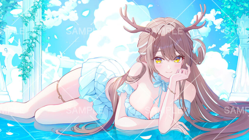 1girl antlers bare_shoulders blue_shirt blue_skirt bow breasts brown_hair cleavage closed_mouth detached_collar feet_out_of_frame funii hair_bow hair_rings head_rest hess_(vrecord) horns jewelry large_breasts long_hair looking_at_viewer lying midriff miniskirt mole mole_on_breast multicolored_hair off_shoulder on_side pleated_skirt shirt skindentation skirt smile solo streaked_hair thighlet thighs virtual_youtuber vrecord yellow_eyes