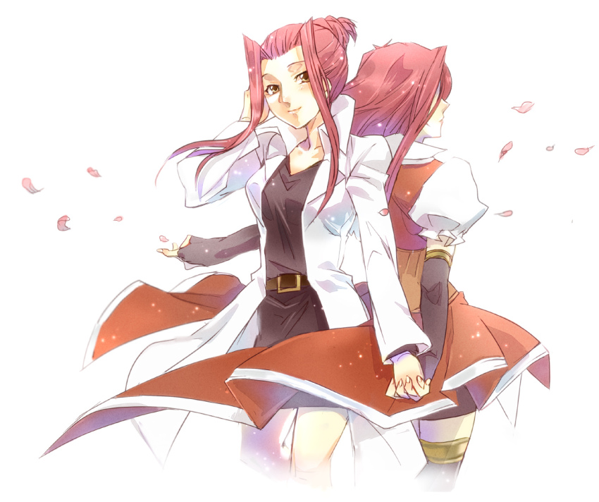 2girls age_comparison belt black_belt black_dress black_gloves brown_eyes closed_mouth coat commentary dress dual_persona elbow_gloves falling_petals flower gloves hair_bun hand_on_own_head holding_hands izayoi_aki lab_coat long_hair multiple_girls naka_deiko petals red_dress red_flower red_hair red_rose rose sidelocks simple_background single_hair_bun smile time_paradox white_background white_coat yu-gi-oh! yu-gi-oh!_5d&#039;s