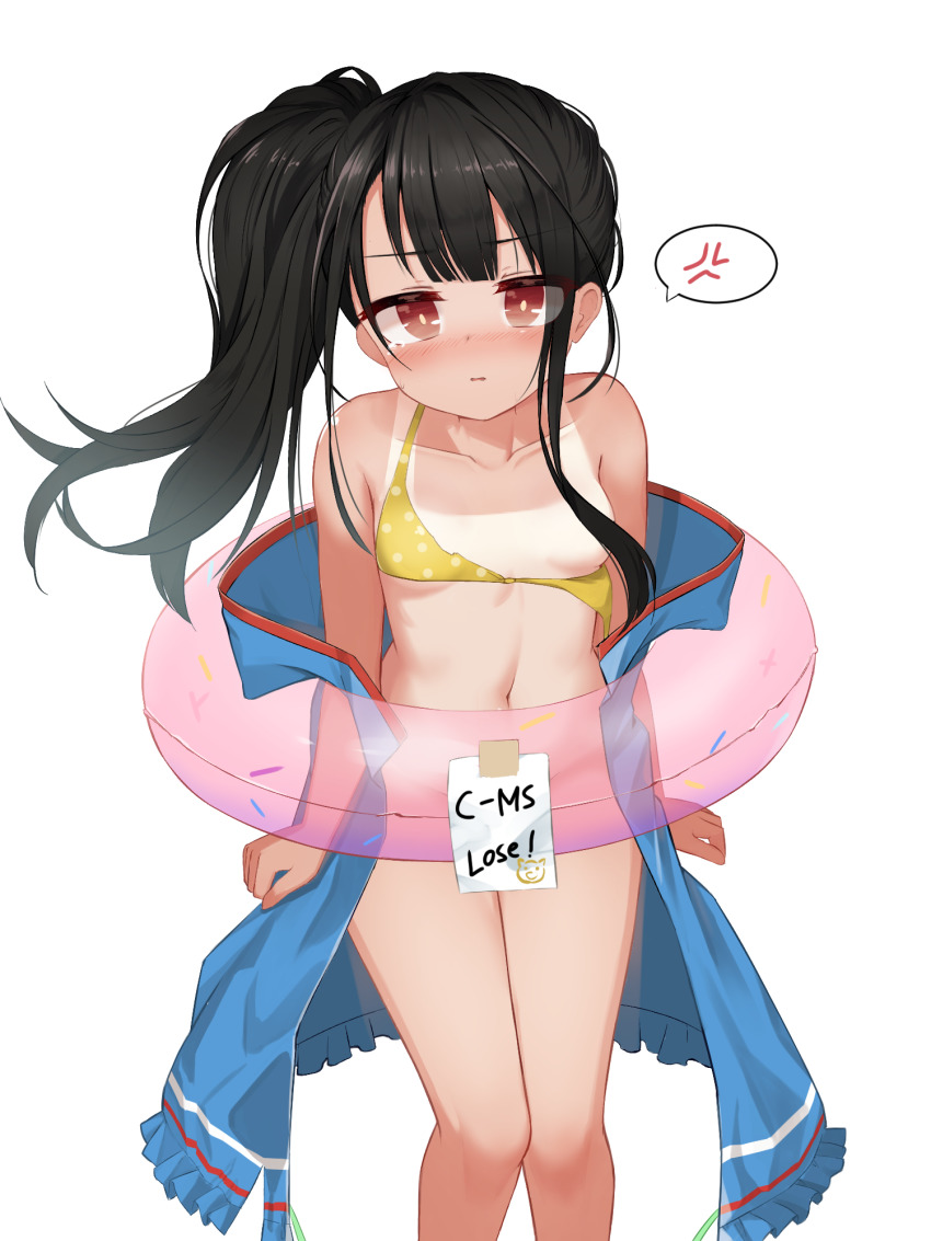 1girl anger_vein bad_id bad_pixiv_id bare_shoulders bikini bikini_pull bikini_top_only black_hair blue_jacket blush breasts brown_eyes c-ms_(girls&#039;_frontline) character_name clothes_pull collarbone commentary convenient_censoring english_commentary female_focus ginka_(gink_a) girls&#039;_frontline groin hair_censor hair_over_breasts hair_over_one_breast highres innertube jacket looking_at_viewer navel nose_blush o-ring o-ring_bikini o-ring_top off_shoulder official_alternate_costume one-piece_tan parted_lips polka_dot polka_dot_bikini polka_dot_bikini_top side_ponytail sidelocks simple_background small_breasts solo spoken_anger_vein swim_ring swimsuit tan tanline tape transparent white_background yellow_bikini