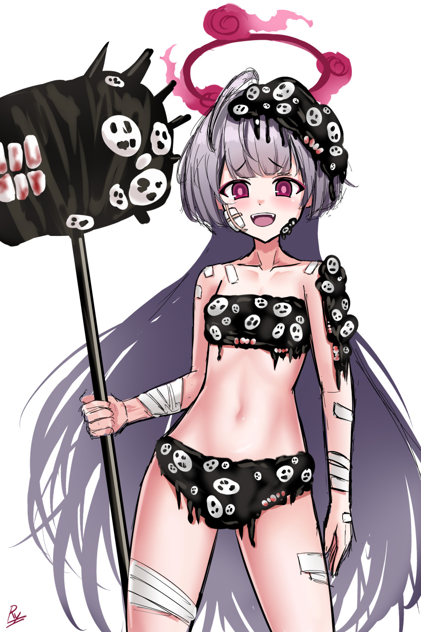 1girl :d absurdres bandaged_arm bandaged_leg bandages blue_archive commentary english_commentary grey_hair halo highres holding holding_weapon inktober lobotomy_corporation long_hair looking_at_viewer mountain_of_smiling_bodies open_mouth project_moon purple_eyes rylaera shuro_(blue_archive) signature simple_background sketch smile solo standing very_long_hair weapon white_background