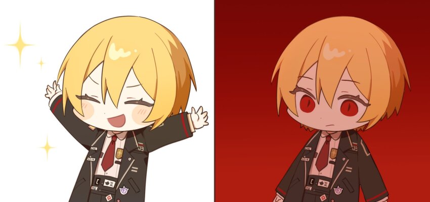 1girl arms_up black_coat black_pants blonde_hair closed_mouth coat collared_shirt cowboy_shot don_quixote_(project_moon) highres lapels limbus_company long_sleeves multiple_views necktie notched_lapels pants project_moon ranya_(artiraia) red_eyes red_necktie sancho_(project_moon) shirt short_hair white_shirt