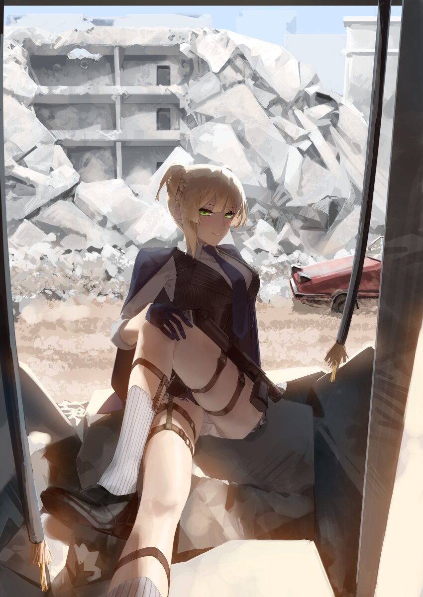 1girl absurdres asimo_(hakurei10201) black_gloves black_shoes blonde_hair blue_necktie bolt_action breasts collared_shirt commentary_request crossed_legs foot_out_of_frame girls&#039;_frontline gloves green_eyes grin gun handgun highres integral_suppressor integrally-suppressed_firearm jacket jacket_on_shoulders long_sleeves looking_at_viewer medium_breasts miniskirt necktie panties pinstripe_pattern pinstripe_vest ruins shirt shoes short_hair sitting skirt sleeves_rolled_up smile socks solo striped suppressor thigh_strap underwear vest weapon welrod welrod_mk_ii welrod_mkii_(girls&#039;_frontline) white_panties white_shirt white_socks