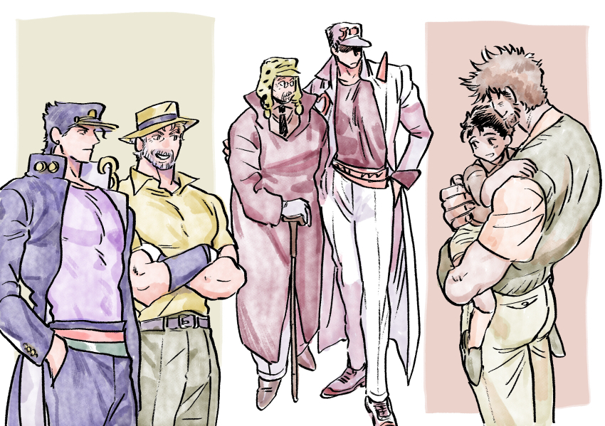 6+boys beard black_hair bomber_hat brown_hair cane child diamond_wa_kudakenai facial_hair family fedora gakuran grandfather_and_grandson grey_hair hat highres jacket jojo_no_kimyou_na_bouken joseph_joestar joseph_joestar_(old) kuujou_joutarou long_coat male_focus multiple_boys nitako old old_man aged_up polka_dot_headwear red_jacket school_uniform stardust_crusaders white_jacket aged_down