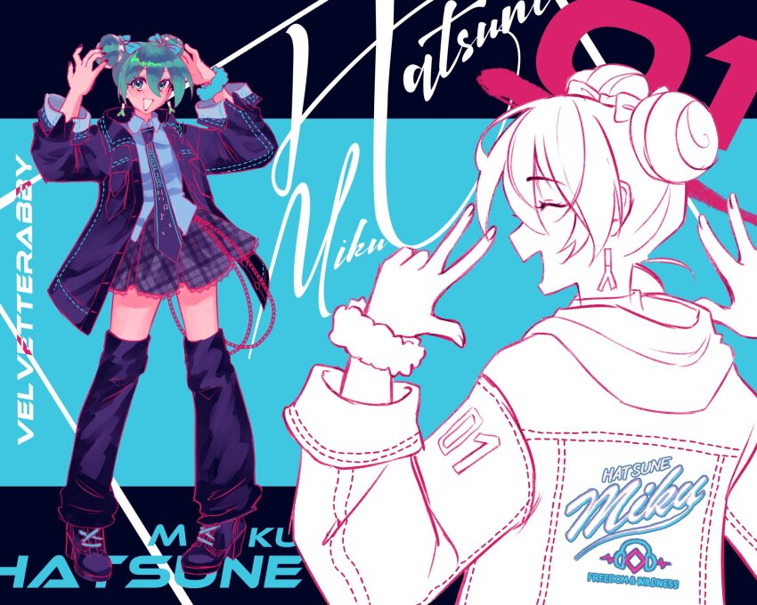 1girl alternate_costume alternate_hairstyle black_footwear black_jacket black_necktie black_socks blue_bow blue_eyes blue_hair bow chain closed_eyes collared_shirt commentary double_bun earrings english_commentary floating_earring full_body grey_shirt grey_skirt hair_between_eyes hair_bow hair_bun hatsune_miku hatsune_miku_expo high_heel_sneakers highres jacket jewelry long_bangs long_sleeves looking_at_viewer loose_socks multiple_views necktie open_clothes open_jacket open_mouth plaid_clothes plaid_skirt scrunchie shirt short_hair skirt smile socks spring_onion standing upper_body velvetterabby vocaloid wrist_scrunchie
