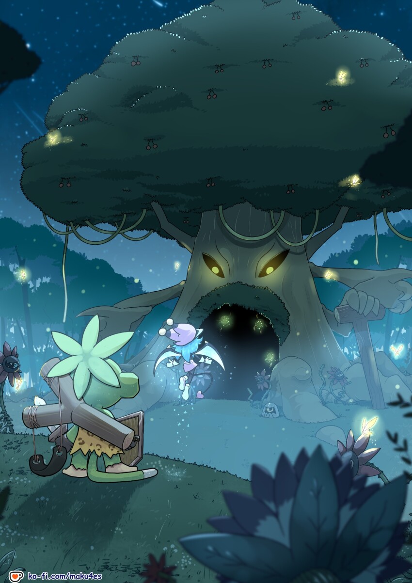 blossomon blue_hair digimon digimon_(creature) goromon grass green_hair hat highres jyureimon looking_at_another maku4es monkey navimon_(digimon) night night_sky nintendo parody sky tail the_legend_of_zelda the_legend_of_zelda:_ocarina_of_time tree walking wings