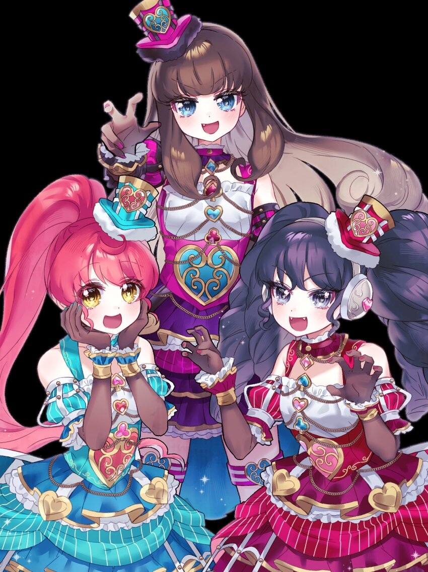 3girls :d absurdres bare_shoulders black_hair blue_dress blue_eyes brown_gloves brown_hair chuu0105 claw_pose club_(shape) commentary_request cowboy_shot detached_sleeves diamond_(shape) dress fang gaaruru_(pripara) gloves gold_trim grey_nails hands_on_own_cheeks hands_on_own_face hands_up hat headphones heart heart_print highres idol_clothes korean_commentary kurosu_aroma long_hair looking_at_viewer mini_hat mini_top_hat multiple_girls nail_polish open_mouth pink_dress pink_headwear ponytail pretty_series pripara puffy_detached_sleeves puffy_sleeves reaching reaching_towards_viewer red_dress red_hair red_headwear see-through_clothes see-through_gloves shiratama_mikan sidelocks simple_background smile spade_(shape) standing top_hat twintails very_long_hair wrist_cuffs yellow_eyes