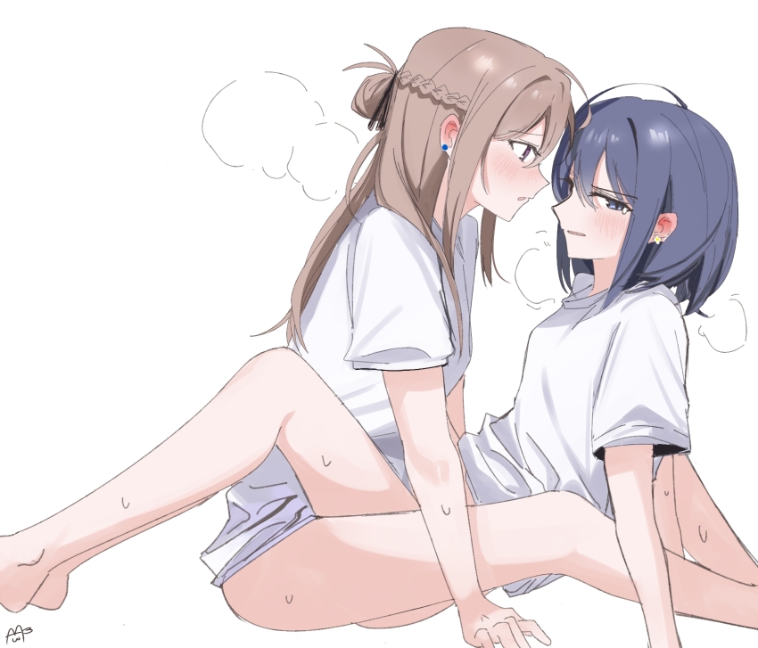 2girls blue_hair blush braid brown_hair commentary_request earrings haidao_mao half_up_braid highres jewelry long_hair medium_hair miyagi_shiori multiple_girls open_mouth sendai_hazuki shuuniichido_classmate_wo_kau_hanashi sidelocks simple_background sitting white_background yuri
