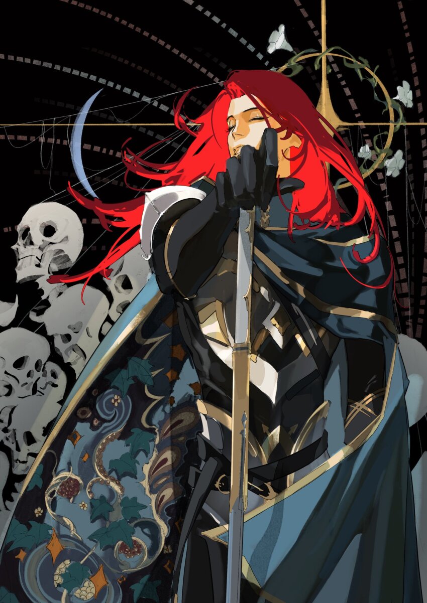 1boy armor black_background black_gloves black_shirt blue_cape cape closed_eyes cowboy_shot facing_to_the_side fate/grand_order fate_(series) flower gloves halo hand_on_hilt highres leaf_print long_hair male_focus plant red_hair shirt shoulder_armor siyemmm skull solo sparkle_print string sword tristan_(fate) vines weapon white_flower