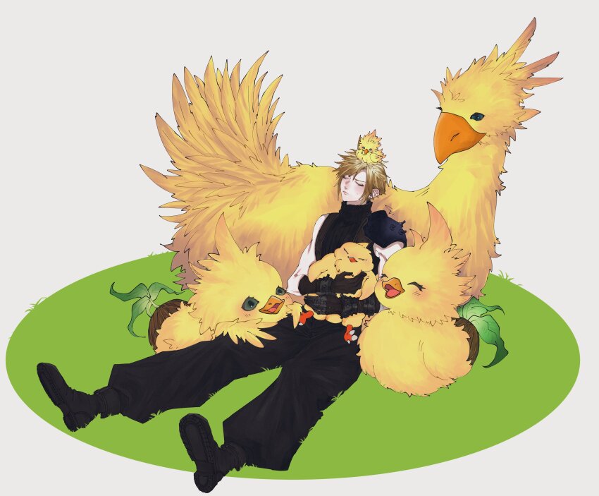 1boy absurdres animal animal_on_head armor baby_animal baggy_pants bandaged_arm bandages bird bird_on_head black_footwear black_gloves black_pants black_shirt blonde_hair boots chick chocobo closed_eyes cloud_strife earrings fat_chocobo final_fantasy final_fantasy_vii final_fantasy_vii_rebirth final_fantasy_vii_remake food full_body gloves highres holding holding_animal holding_bird jewelry light_blush male_focus on_head pants shirt short_hair shoulder_armor shunkafuyu single_bare_shoulder single_earring single_shoulder_pad sleeveless sleeveless_turtleneck spiked_hair suspenders sweatdrop turtleneck vegetable