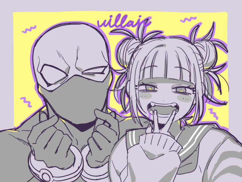 1boy 1girl blunt_bangs boku_no_hero_academia bubaigawara_jin cardigan double_bun fangs hair_bun highres messy_hair mommorua open_mouth school_uniform serafuku sidelocks toga_himiko