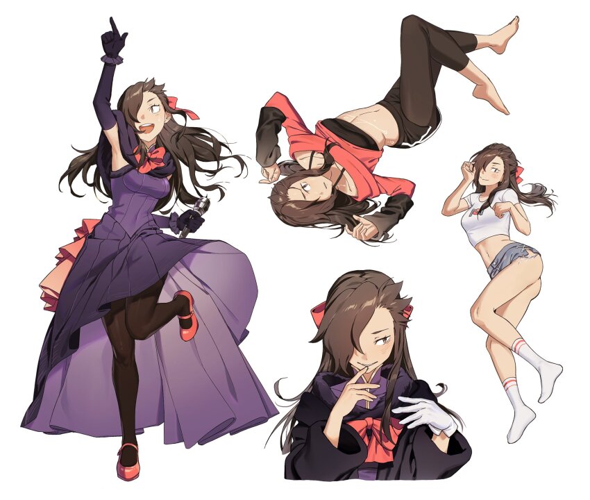 1boy barefoot black_pantyhose black_shorts blush bow brown_eyes brown_hair commentary_request crop_top crossdressing denim denim_skirt detached_sleeves dress elbow_gloves full_body fur_trim gloves hair_bow hair_over_one_eye hand_on_own_face hand_to_own_mouth hand_up highres long_hair long_sleeves looking_at_viewer lying microphone multiple_views natsuki_subaru natsumi_schwarz on_back on_side one_eye_covered open_mouth pantyhose pointing pointing_up purple_dress purple_gloves re:zero_kara_hajimeru_isekai_seikatsu red_bow red_footwear rezero_silong41 ribbon shoes short_sleeves shorts simple_background single_glove skirt smile socks sportswear standing standing_on_one_leg sweat teeth trap upper_teeth_only white_background white_socks