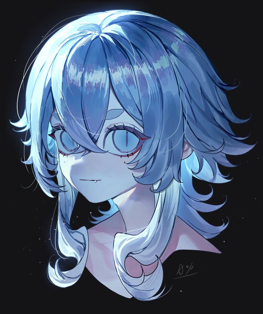 1girl black_background blue_eyes blue_hair closed_mouth commentary_request double-parted_bangs fang hair_between_eyes highres long_eyelashes looking_at_viewer original rei_(rui_0605) sidelocks slit_pupils solo thick_eyebrows upper_body